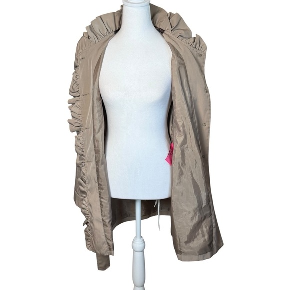 Betsey Johnson Khaki Tan Belted Ruffle Trench Coat Rose Buttons Jacket Small - Picture 7 of 13